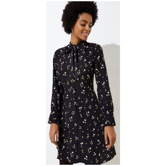 LOFT Floral Tie Neck Long Sleeves Flare Mini Black Dress - Picture 1 of 6